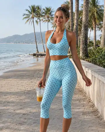Customer wearing the cyan polka-dot Riviera two-piece set