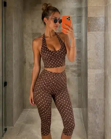 Customer wearing the light brown polka-dot Riviera two-piece set